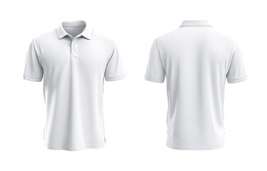 Front and back view of a blank white polo shirt.  Short sleeves, collared