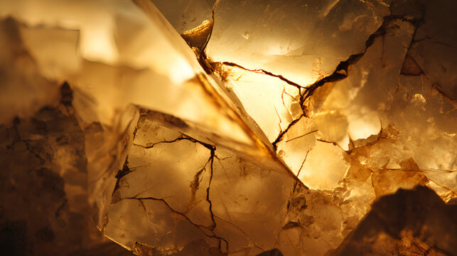 Stunning close-up of translucent golden crystals with intricate fracture lines, evoking natural beauty and geological wonder for your projects