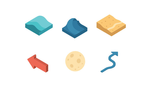isometric icon items isolated on white background ocean tide crest wave sand edge pull arrow moon glow flow path