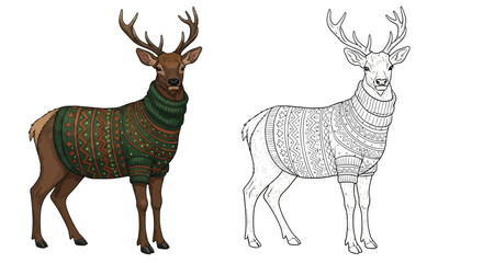 Naklejka premium Young Elk Wearing a Sweater Coloring Page Cute Winter Animal and Seasonal Fun