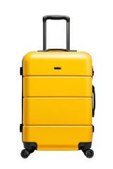 Yellow hard shell suitcase with spinner wheels, isolated on pure white background, no shadow, modern travel luggage product photo.
