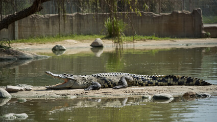 Obraz premium Detailed Close-Up of Crocodilian Reptile with Open Mouth Laying on Land