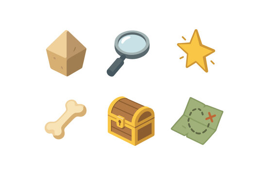 isometric icon items isolated on white background discovery magnifying glass spark fossil bone chest box map trail