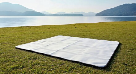 Lakeside Serenity Photorealistic Blank Picnic Blanket Mockup Grassy Shore