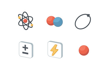isometric icon items isolated on white background atomic model proton neutron ball orbit arrow charge icon nucleus point