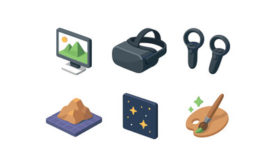 isometric icon items isolated on white background immersive 3D scene creator VR headset hand controllers terrain grid field paint glow