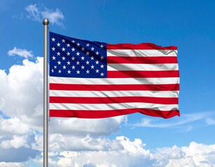 Obraz premium American Flag Waving Proudly in a Clear Blue Sky with White Clouds