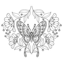 Big butterfly and flowers in the garden hand drawn for adult coloring book