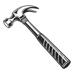 A classic claw hammer with a black handle and metal head depicted in a simple bold black and white graphic illustration style isolated on a clean white background suitable for various design projects