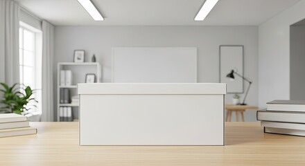 Modern Blank Storage Box Mockup on a Minimalist Desk in a Home Office Setting