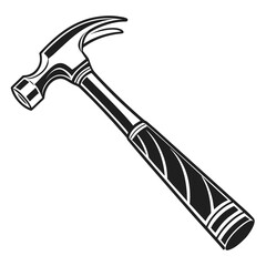 A stylized black and white illustration of a claw hammer a common hand tool used for driving nails and prying them out presented in a clean graphic design style