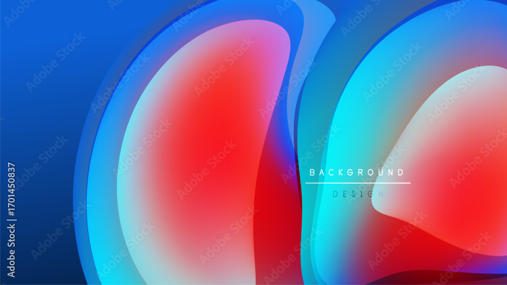 Poster abstract fluid shapes overlap, creating vibrant color gradients. blue, red, cyan blend into dark bac