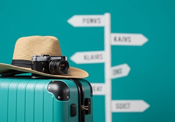 Turquoise Suitcase with Vintage Camera and Hat, Ready for Adventure