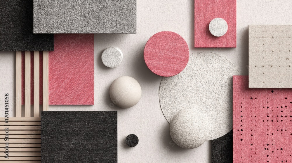 Poster abstract composition with geometrical shapes in various textures and colors arranged on a light back