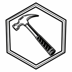 A stylized black and white illustration of a claw hammer is centrally positioned within a bold hexagonal frame symbolizing construction and craftsmanship