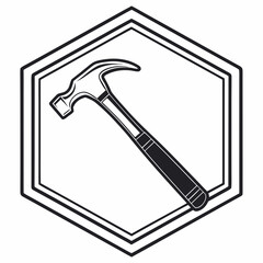 A stylized black and white graphic illustration of a claw hammer positioned diagonally within a hexagonal frame symbolizing construction repair and diy projects