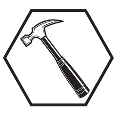A stylized black and white illustration of a claw hammer is prominently featured within a bold hexagonal outline symbolizing construction repair and diy projects