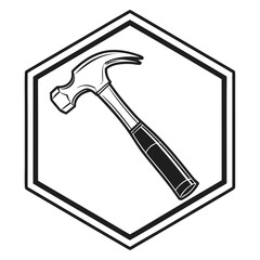A stylized black and white illustration of a claw hammer positioned diagonally within a hexagonal frame representing tools and construction