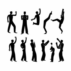 Diverse Human Silhouettes: A collection of simple, stylized human figures, each frozen in a dynamic pose, perfect for conveying movement, action, and versatility in design projects.