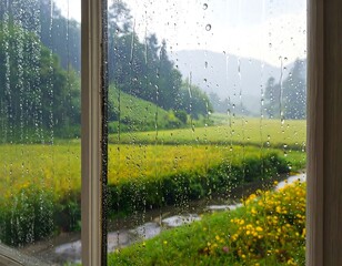 A tranquil view of a rainy day countryside scene through a window, showcasing raindrops on glass and lush green landscapes.