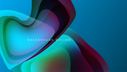 Abstract fluid shapes overlap, creating vibrant color gradients. Dark background emphasizes bright blues, purples, greens. Modern design element.
