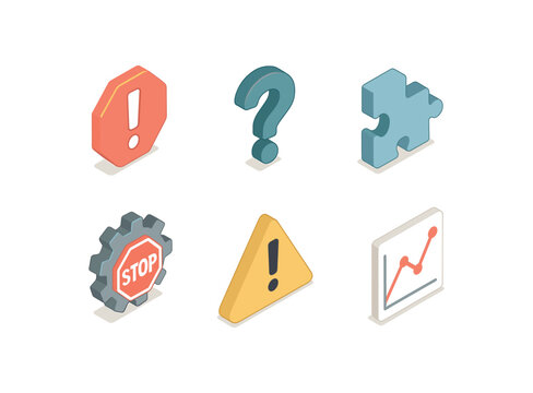 isometric icon items isolated on white background problem question puzzle gear stop warning icon chart line
