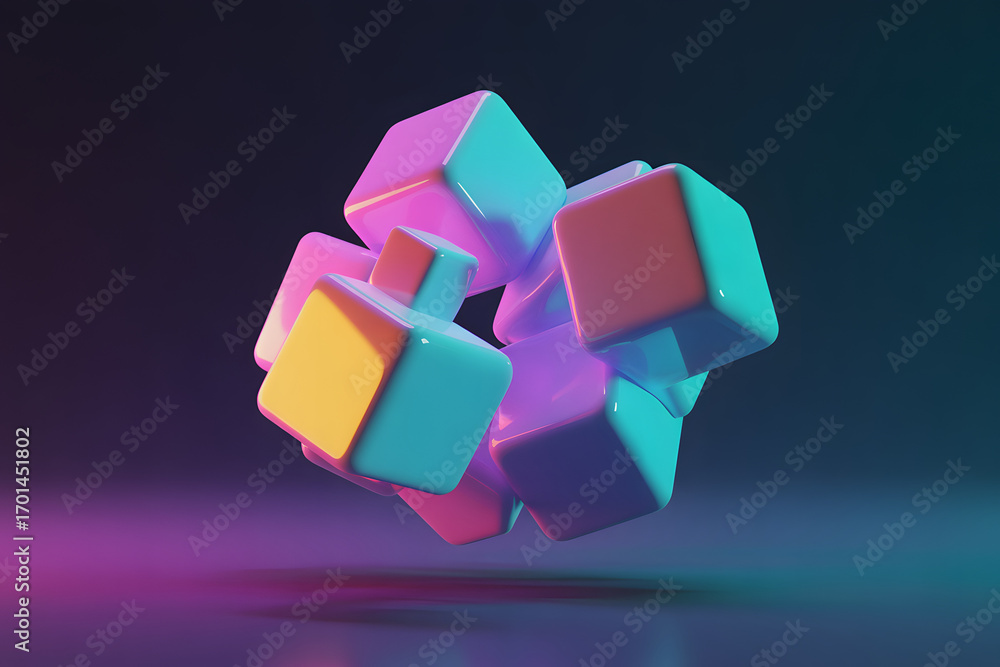 Aufkleber abstract cube composition with neon lights: a mesmerizing composition of interconnected glossy cubes