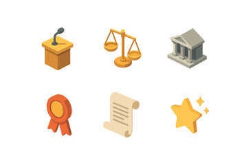 isometric icon items isolated on white background governance balance scale building icon ribbon scroll page glow
