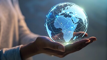 Close Up of Hand Holding 3D Hologram Globe with Glowing Connection Lines for Global Communication
