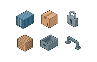 isometric icon items isolated on white background container shipping box lid lock crate lines storage symbol handle grip