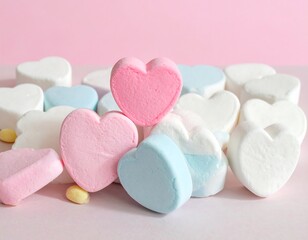 Obraz premium A pile of pastel-colored heart-shaped marshmallows arranged on a soft pink surface.
