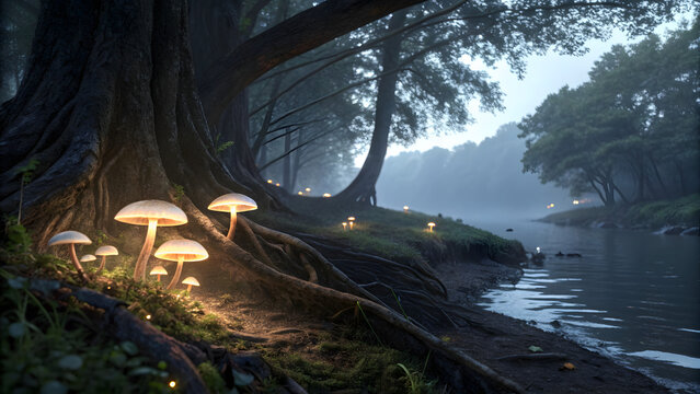 Enchanted forest path illuminated by fairy lights amidst ancient trees - Powered by Adobe