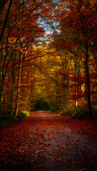 Obraz premium Golden autumn forest path bathed in warm sunlight through colorful trees