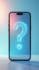 A smartphone shows a bright question mark, representing questions, support, or technology use.