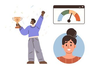 Joyful man celebrates success holding trophy, performance meter indicates high achievement, and smiling female avatar represents team dynamics or personal growth. Ideal for success, teamwork