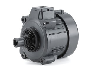 A dark gray industrial motor component, exhibiting a precise mechanical design, is presented against a pure white background.