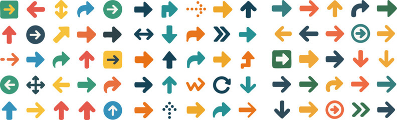 Collection of diverse flat design arrow icons for UI/UX.