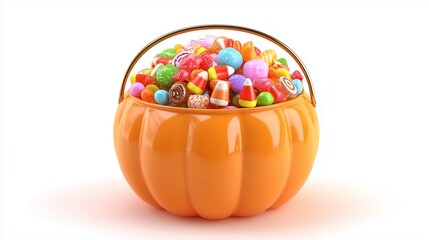 Candy bucket shaped like pumpkin filled with sweets, 3D cartoon style, clipart on white background