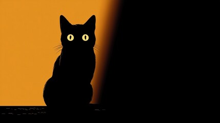 Elegant black cat silhouette with big round eyes, minimal Halloween vector style.