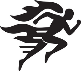 Silhouette running athlete logo with dynamic flame speed effect, fitness training symbol, sports vector icon for gym, marathon, athletics, and physical activity design