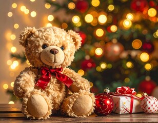 A teddy bear sits amidst festive christmas lights and presents, a scene of holiday cheer.