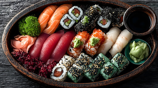Delicious sushi platter with various rolls and sashimi on a wooden plate AI Generated