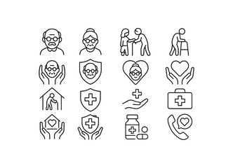 grid 4x4 vector icon line elder care and protection 16 items isolated on white background