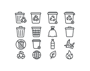 grid 4x4 vector icon line recycling and waste bins 16 items isolated on white background