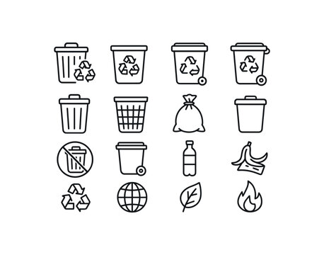 grid 4x4 vector icon line recycling and waste bins 16 items isolated on white background