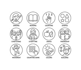 grid 4x4 vector icon line preschool circle time activities 16 items isolated on white background