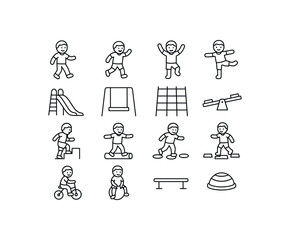grid 4x4 vector icon line gross motor and balance play 16 items isolated on white background