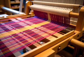 A pink silk fabric with golden sun and moon patterns, draped over a white wooden surface, creating soft folds and highlights