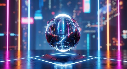 Vibrant glowing digital sphere with fractured city data on a futuristic platform in a neon-lit cyber environment