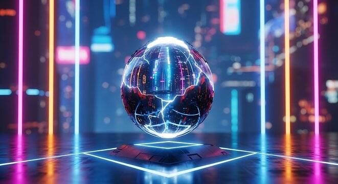 Vibrant glowing digital sphere with fractured city data on a futuristic platform in a neon-lit cyber environment